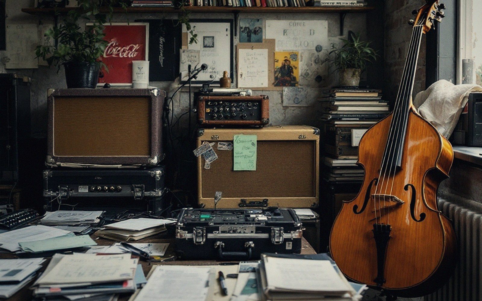 Upright bass leaning against amplifiers in a cluttered studio filled with papers and cables
