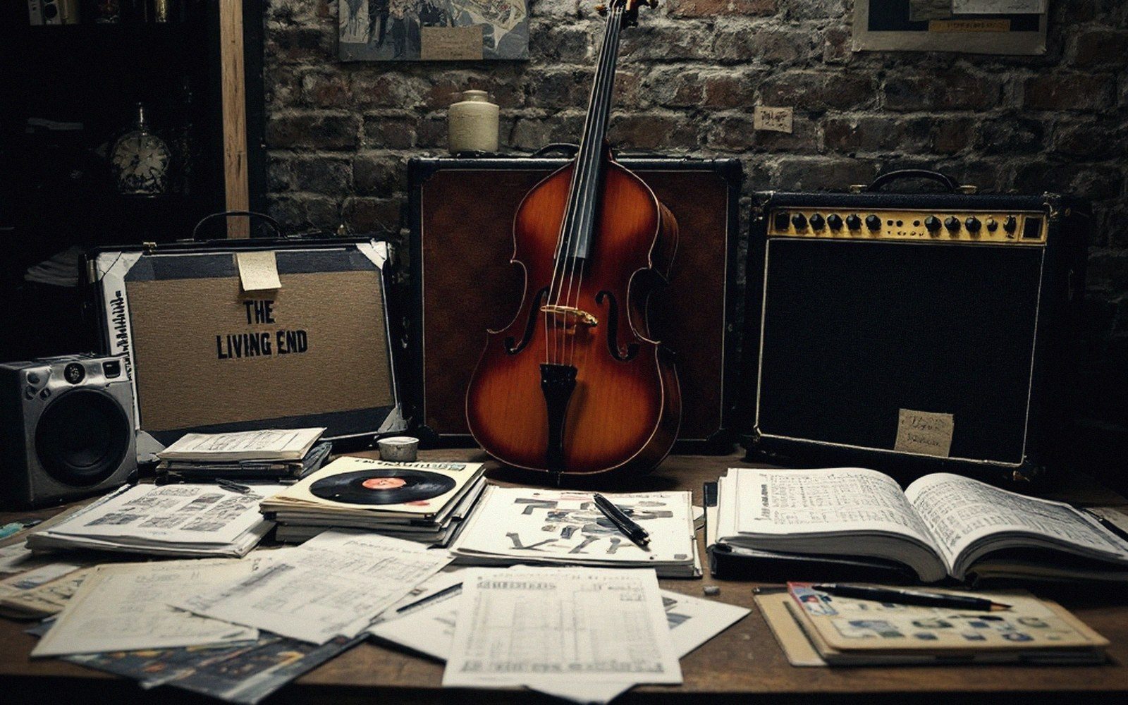 Double bass and amplifier stand amid scattered vinyl records, notebooks and a case labeled the living end