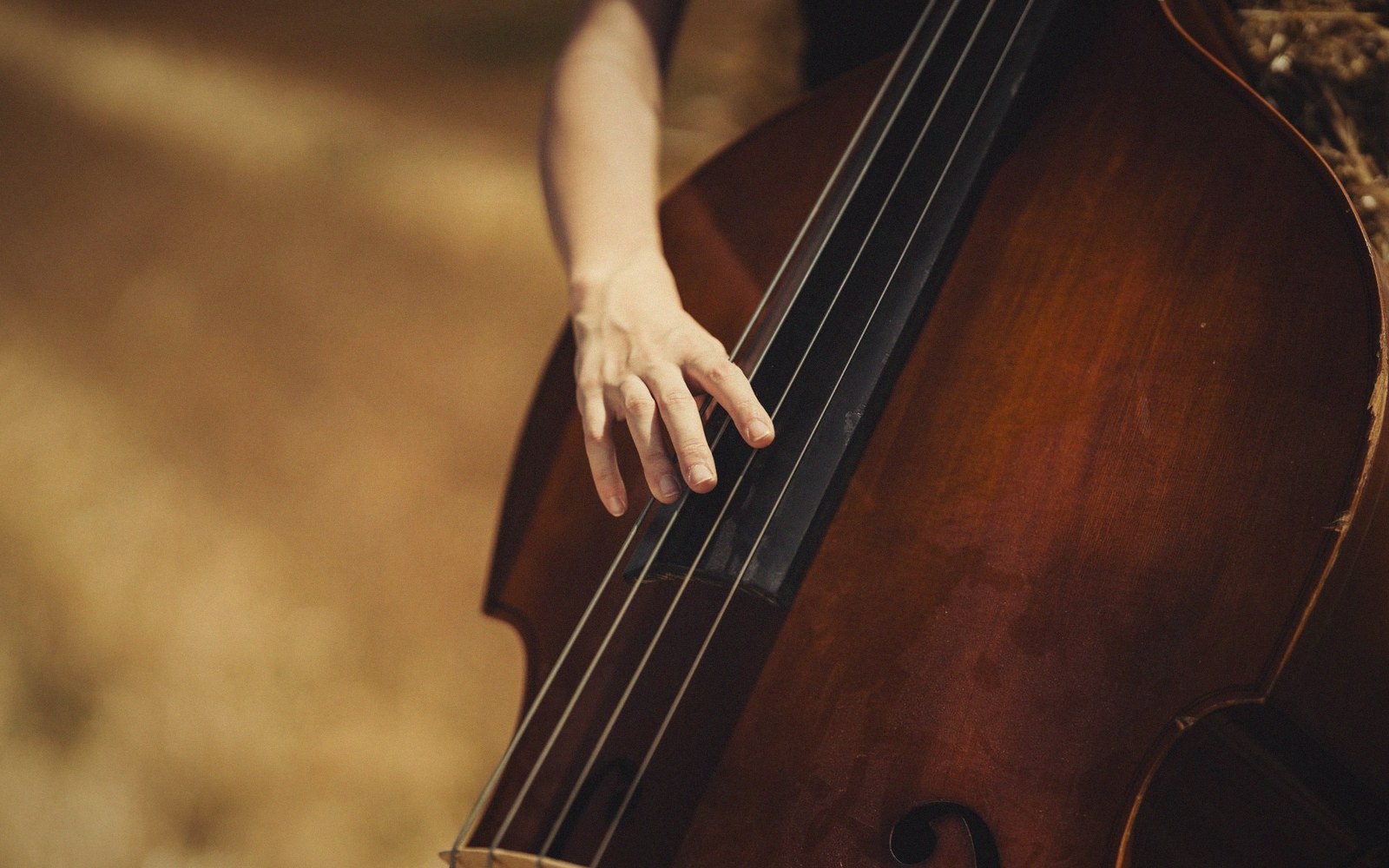 A hand presses strings on the fingerboard of a double bass outdoors