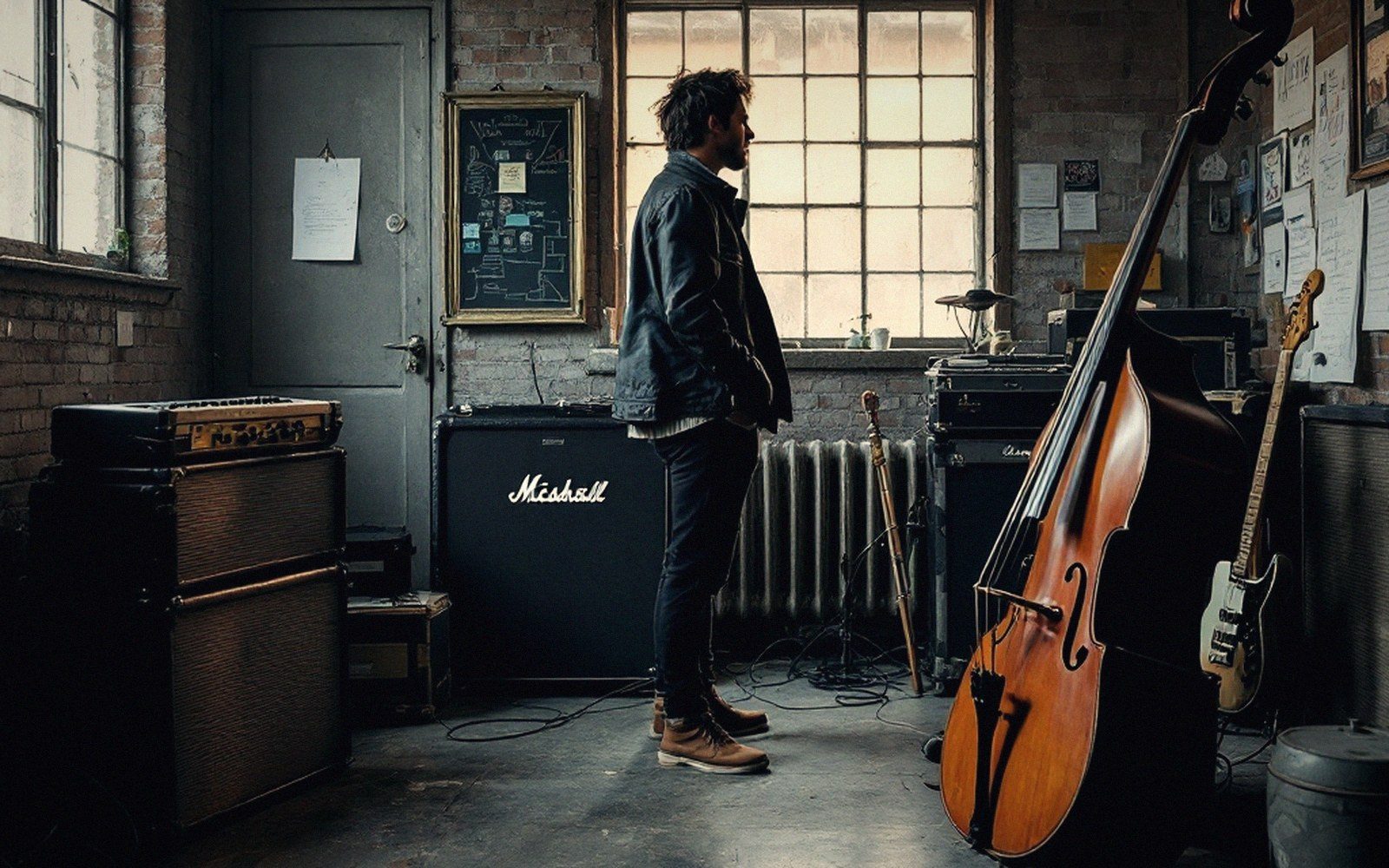 Man stands by a window in a brick studio filled with amplifiers and a double bass